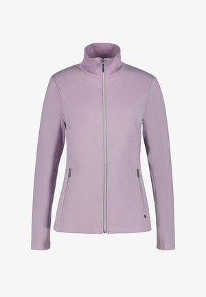 Vaaleanlaventelin värinen vetoketjullinen takki, jossa teksturoitu pinta, korkea kaulus ja kaksi sivutaskua vetoketjuilla. Istuvuudeltaan muotoiltu ja siinä on pitkät hihat.