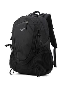 Zaino nero in nylon con più comparti, superficie testurizzata, spallacci regolabili, tasche laterali in rete e dettagli riflettenti.