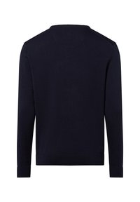 Marineblaues Strickpullover mit langen Ärmeln, gerippten Bündchen und Saum, rundem Ausschnitt, glatter Textur und ohne sichtbare Muster oder Logos.