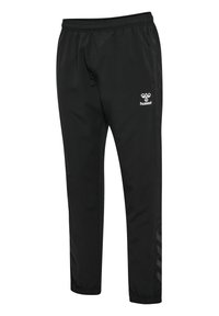 Schwarze Sporthosen mit elastischem Bund, gestaltet mit einem weißen Logo und dezentem Streifenmuster an der Seite. Hergestellt aus leichtem Stoff.