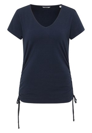 Mörkblå t-shirt med korta ärmar, v-ringning och gathered sidor som har justerbara snoddar för bättre passform. Mjukt, stretchigt tyg med en slät yta.