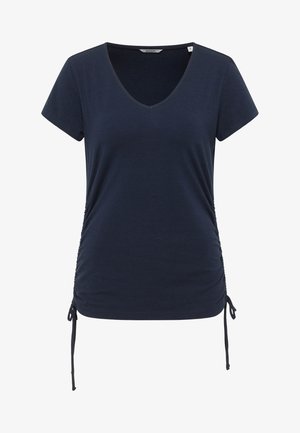 Mørkeblå t-shirt med korte ærmer, v-hals og samlet sider med justerbare snore til tilpasning. Blødt, strækbart stof med en glat overflade.