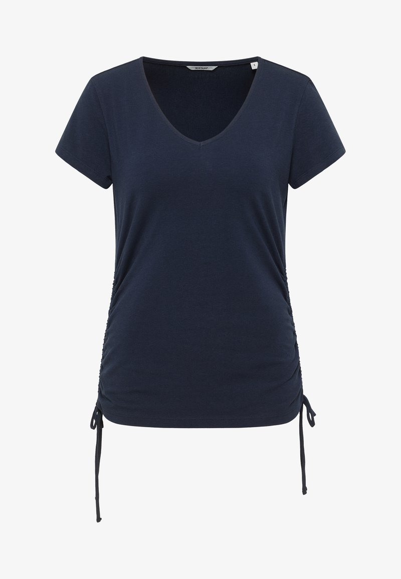 Tricou bleumarin cu mâneci scurte, de tip v-neck, cu laterale gathered și legături ajustabile pentru potrivire. Material moale și elastic, cu o textură netedă.