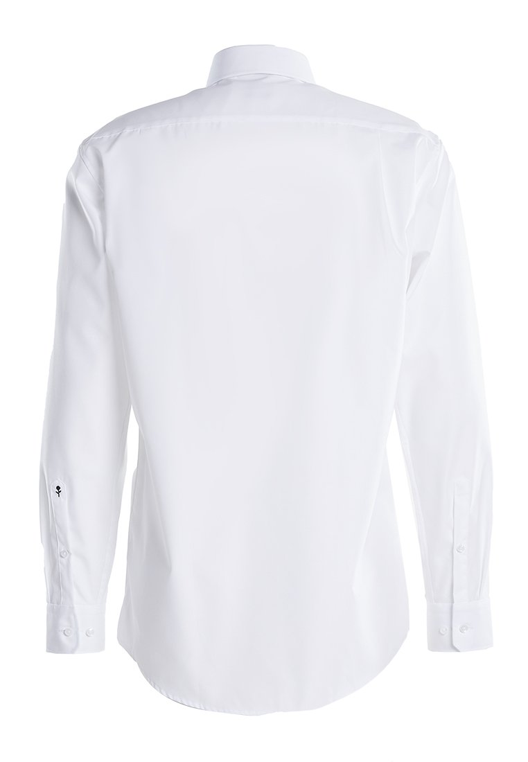 Weißes Langarmhemd mit klassischem Kragen, geknöpften Manschetten und glatter Textur. Merkmale eine kleine gestickte Akzentuierung nahe der Manschette.