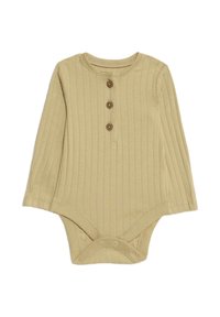 Body a maniche lunghe in morbido beige con tre bottoni marroni sul davanti e chiusure a scatto sul fondo per cambi facili.