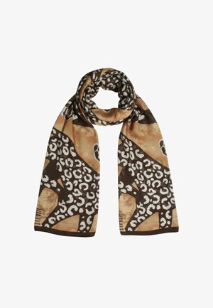 Sciarpa marrone e beige con stampa maculata, texture liscia e tessuto leggero, caratterizzata da forme astratte e tonalità terrose.