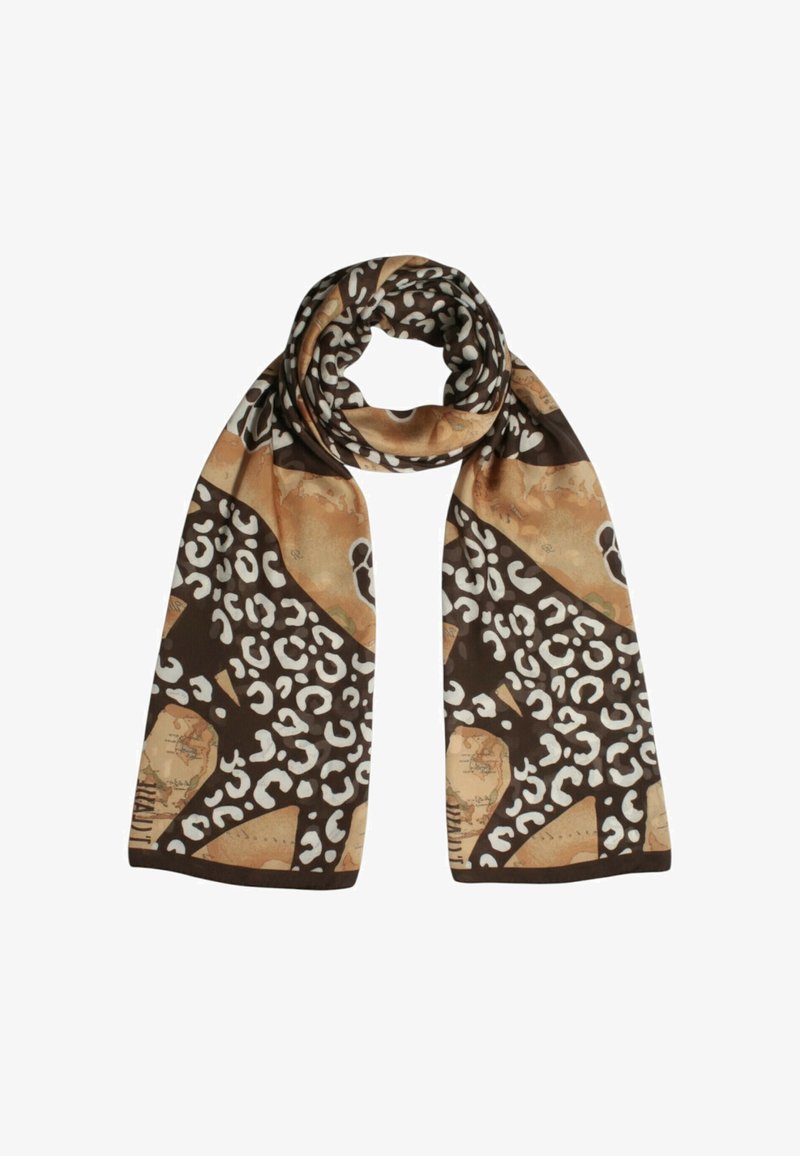 Sciarpa marrone e beige con stampa maculata, texture liscia e tessuto leggero, caratterizzata da forme astratte e tonalità terrose.