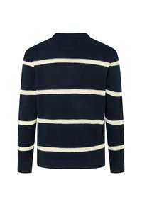 Maglione blu navy con strisce orizzontali color crema, tessuto a maglia testurizzato, collo rotondo e maniche lunghe. Design classico con una vestibilità comoda.