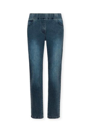 Jeans de mezclilla azul oscuro con una textura suave, perneras rectas y cinturilla elástica. Presenta bolsillos frontales y un desgaste mínimo.