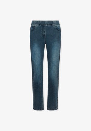 Jean en denim bleu foncé avec une texture lisse, jambes coupées droites et taille élastique. Comprend des poches avant et un léger délavage.