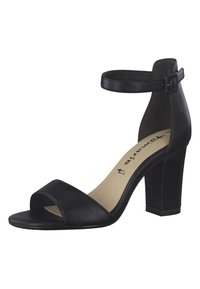 Schwarze Ledersandaletten mit offenem Zeh, Knöchelriemen und Blockabsatz. Glatte Textur, einfaches Design und neutrale Farbe.