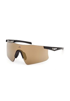 Braune Wraparound-Sportsonnenbrille mit einem einzelnen getönten Glas, schwarzen verstellbaren Nasenpads und schwarzen, schrägen Bügeln mit Logo-Akzenten.