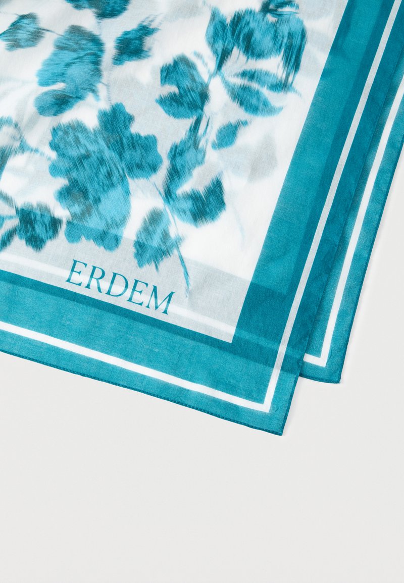 Silk scarf with teal floral print and double-lined teal border, folded to show ERDEM brand name on white background.
