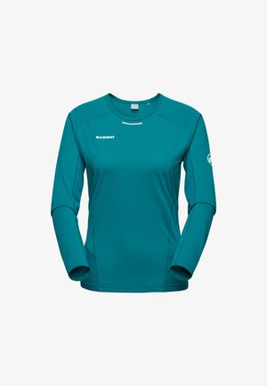 Turkusowa, długoramienna koszulka sportowa wykonana z tkaniny odprowadzającej wilgoć, z szwami płaskimi, okrągłym dekoltem i małym logo na klatce piersiowej.