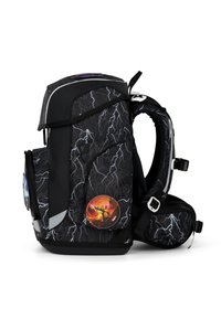 Black backpack with white lightning pattern, multiple compartments, padded straps, and a circular orange patch featuring a fantasy warrior design.