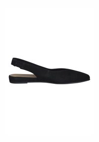 Czarne zamszowe płaskie buty slingback z ostrym noskiem i niskim obcasem, wyposażone w elastyczny pasek dla komfortu oraz gładkie wykończenie wnętrza.
