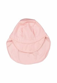 Vaaleanpunainen aurinkohattu, joka on valmistettu kevyestä ja hengittävästä kankaasta. Sen leveä lieri ja muotoiltu kruunu tarjoavat pehmeän ja sileän tekstuurin.