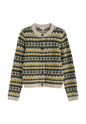 Nööbitav kampsun pikkade varrukatega, rohelise, kollase, mereväe ja koorevärvilise geomeetrilise mustriga, soonikkoes krae, mansetid ja alumine äär.