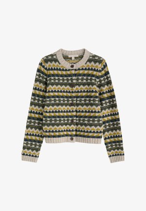 Nööbitav kampsun pikkade varrukatega, rohelise, kollase, mereväe ja koorevärvilise geomeetrilise mustriga, soonikkoes krae, mansetid ja alumine äär.