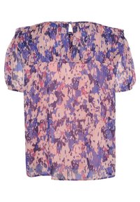 Off-shoulder blus i genomskinligt tyg med ett färgglatt abstrakt mönster i rosa, lila och blå nyanser. Nyckelhålsdetalj på ryggen.