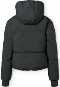 Giacca a vento nera con cappuccio, design trapuntato e polsini elastici. L'interno è imbottito per garantire calore, con una texture esterna liscia.