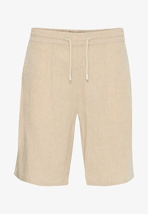 Beige linen shorts with a herringbone pattern, elastic waistband, and adjustable drawstring. Straight cut with side seams.