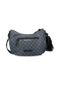 Gray water-repellent shoulder bag with a patterned surface, featuring a front zipper pocket and black leather accents. Adjustable strap included.