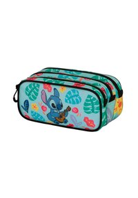Une trousse en polyester bleue avec trois compartiments présente un personnage de dessin animé jouant de la guitare et des motifs floraux colorés sur un fond turquoise.