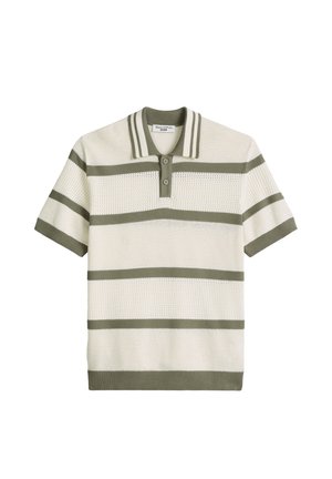 Short-sleeve knit polo shirt with olive green horizontal stripes and collar, two-button placket, and textured fabric.