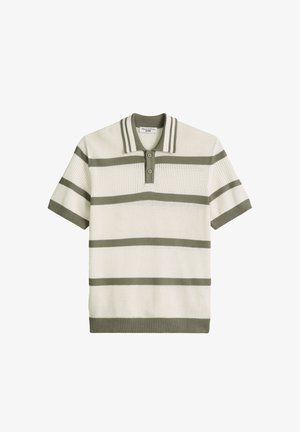 Short-sleeve knit polo shirt with olive green horizontal stripes and collar, two-button placket, and textured fabric.