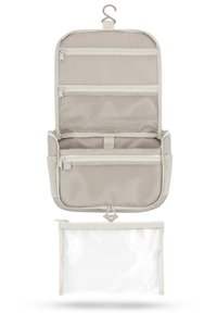 Vaalean beigenvärinen riippuva toilettilaukku, jossa on verkkomaisia taskuja, vetoketjullisia sulkijoita ja läpinäkyvä pussi. Mukana on koukku helppoa ripustamista varten.