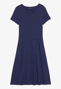 Navy blue short-sleeve dress with a round neckline, fitted bodice, and pleated A-line skirt. Made from soft, stretchy fabric.