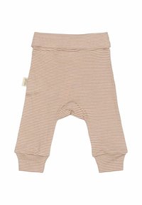 Pantalones de bebé de rayas beige hechos de suave algodón. Presentan una cinturilla ancha y tobillos acanalados. Las rayas horizontales son de color rosa claro y lavanda.