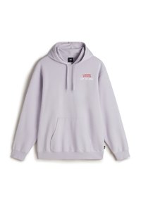 Light purple hoodie made of soft fabric, featuring a front kangaroo pocket, drawstring hood, and logo text in red on the chest.