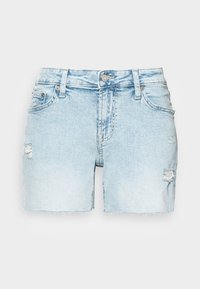 Ljusblå denimshorts med hög midja, slitna detaljer, fransad nederkant, femfickorsdesign och metallknappsstängning.