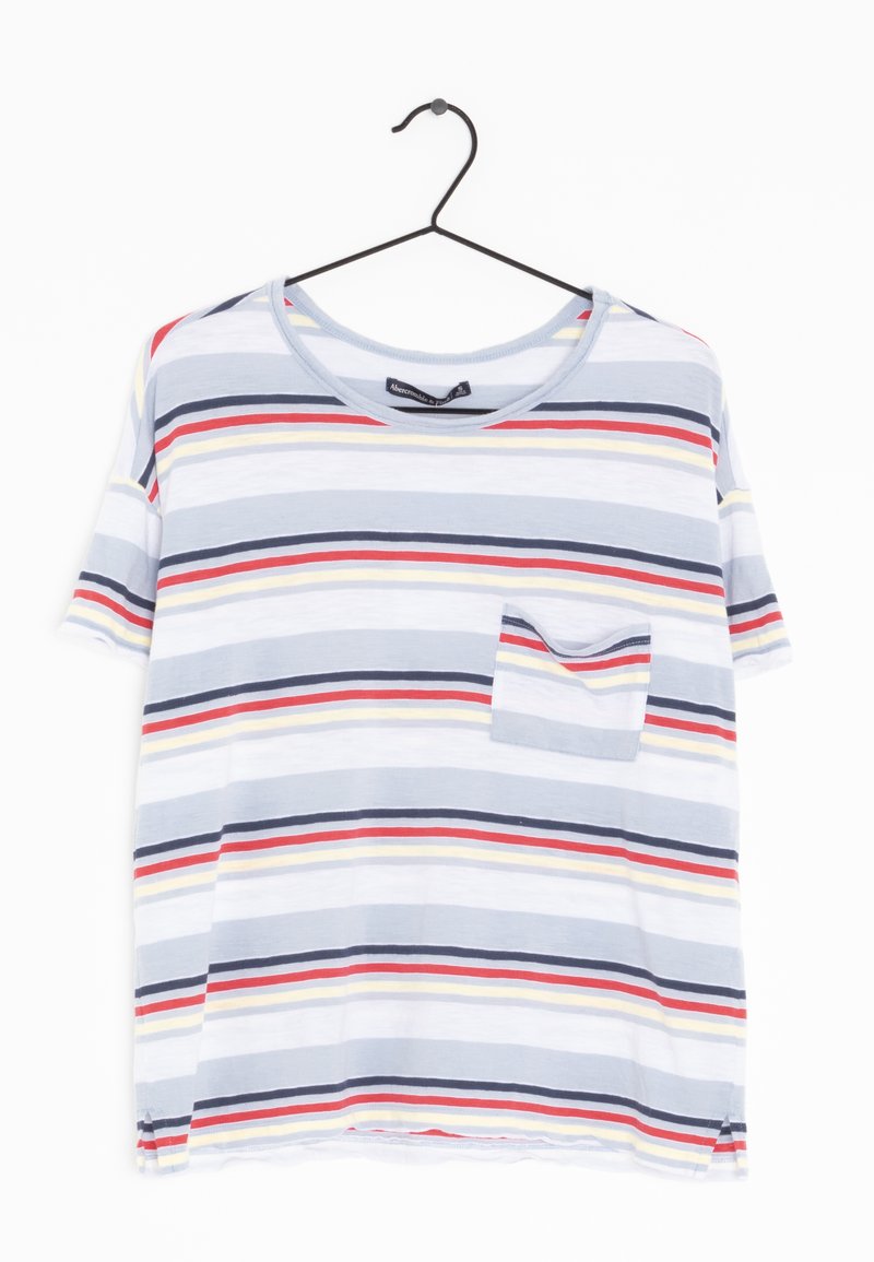 Stripet t-shirt med korte ærmer, prydet med blå, hvid, rød og gul striber. Indeholder en lille brystlomme og en rund halsudskæring.