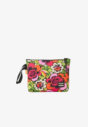 Rektangulær lynlås pouch med sort håndledsrem, dækket af stort farverigt blomsterprint i pink, rød, orange, grøn og hvid.