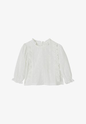 Weiße Bluse mit langen Ärmeln aus eyelet-Stoff mit floralem Muster, gerafftem Kragen und Rüschensaum entlang der Vorderseite und an den Ärmelbündchen.