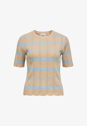 Beige geribd gebreid topje met korte mouwen, lichtblauwe horizontale strepen en een ronde hals.