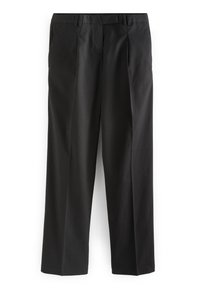 Black tailored trousers with a flat front, two side pockets, and a slightly relaxed fit. Made of smooth fabric, featuring subtle pleats.
