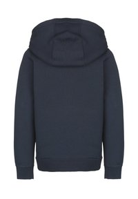 Felpa blu navy con cappuccio a doppio strato, in morbido cotone, maniche lunghe e polsini e orlo a coste, con un design semplice.