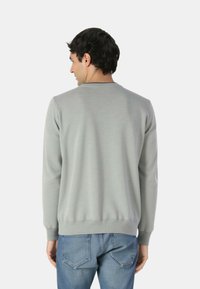 Maglione grigio chiaro con scollo rotondo e maniche lunghe, realizzato in materiale morbido. Presenta orlo e polsini a coste, indossato con jeans blu.
