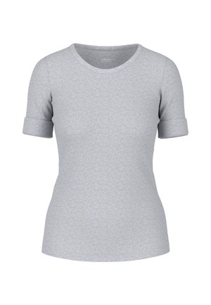 Hellgraues, kurzärmeliges, tailliertes T-Shirt mit umgeschlagenen Ärmeln und rundem Ausschnitt, auf einem schlichten weißen Hintergrund dargestellt.