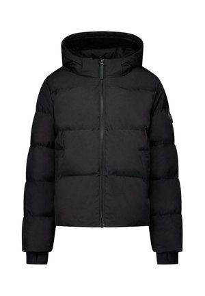Veste d'hiver matelassée noire avec fermeture éclair à l'avant, capuche fixée, manches longues et petit patch logo sur le haut du bras gauche.