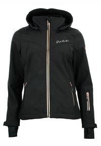 Giacca softshell nera con cappuccio, dotata di zip frontale e tasche laterali con zip. Include cuciture decorative e dettaglio del logo.