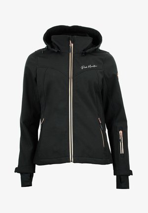 Chaqueta de softshell negra con capucha, que cuenta con un cierre frontal y bolsillos laterales con cremallera. Incluye costuras decorativas y detalles del logotipo.
