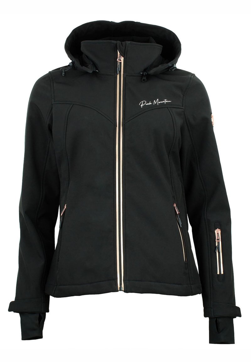 Giacca softshell nera con cappuccio, dotata di zip frontale e tasche laterali con zip. Include cuciture decorative e dettaglio del logo.