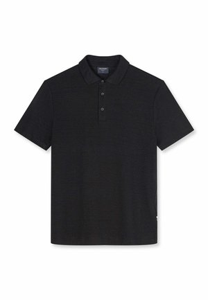 Polo nera a maniche corte con abbottonatura a tre bottoni e colletto, mostrata stesa su uno sfondo bianco.