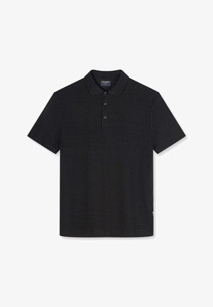 Polo nera a maniche corte con abbottonatura a tre bottoni e colletto, mostrata stesa su uno sfondo bianco.