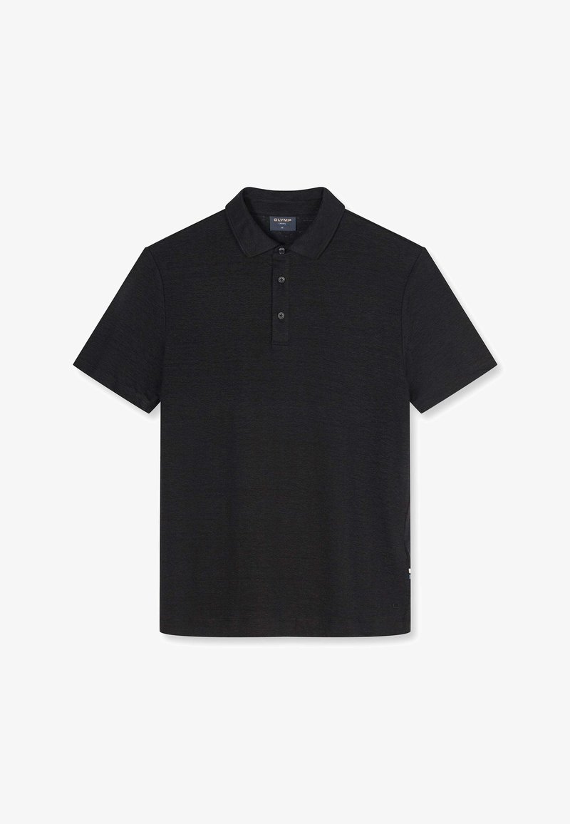 Polo noir à manches courtes avec patte de boutonnage à trois boutons et col, présenté à plat sur un fond blanc.